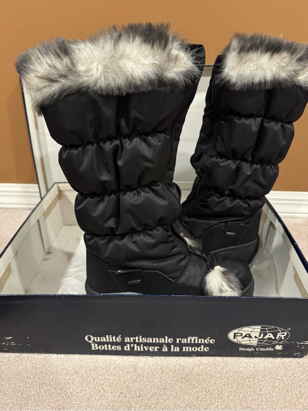 Pajar Black Quilted Winter Boots with Gray Faux-Fur Cuff